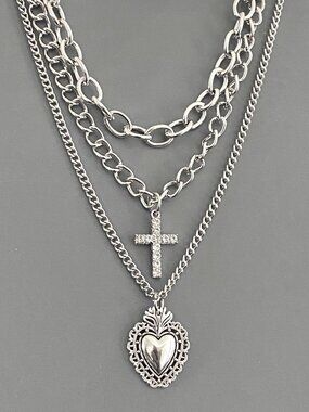 NEW, 3 pcs/set layered silver necklaces, heart rhinestone cross, goth punk edgy